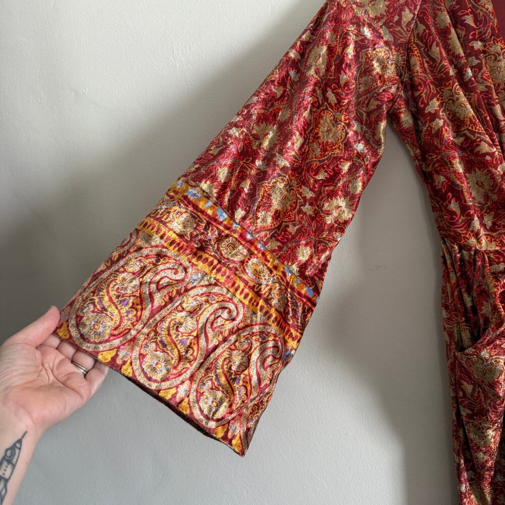 FREE PEOPLE Harper Printed Velvet Orange Flare Bell Sleeve Jumpsuit Extra Small - Picture 5 of 10